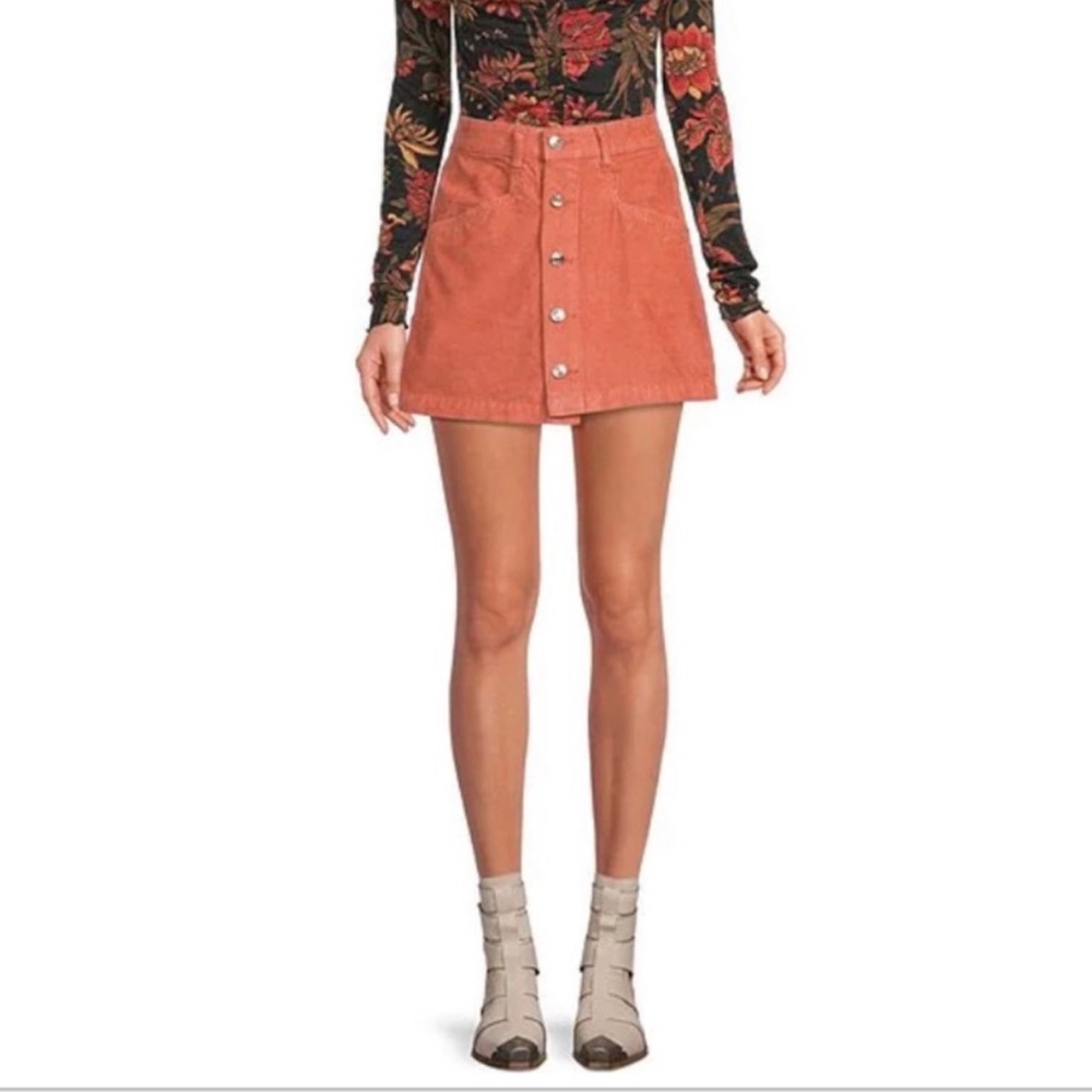 NWT Free People Corduroy Mini Skirt Size 2 Burnt Orange A-Line Button Front